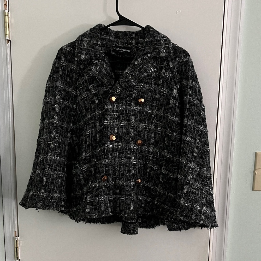 Dolce & Gabbana Charcoal Tweed Poncho with Metallic Buttons